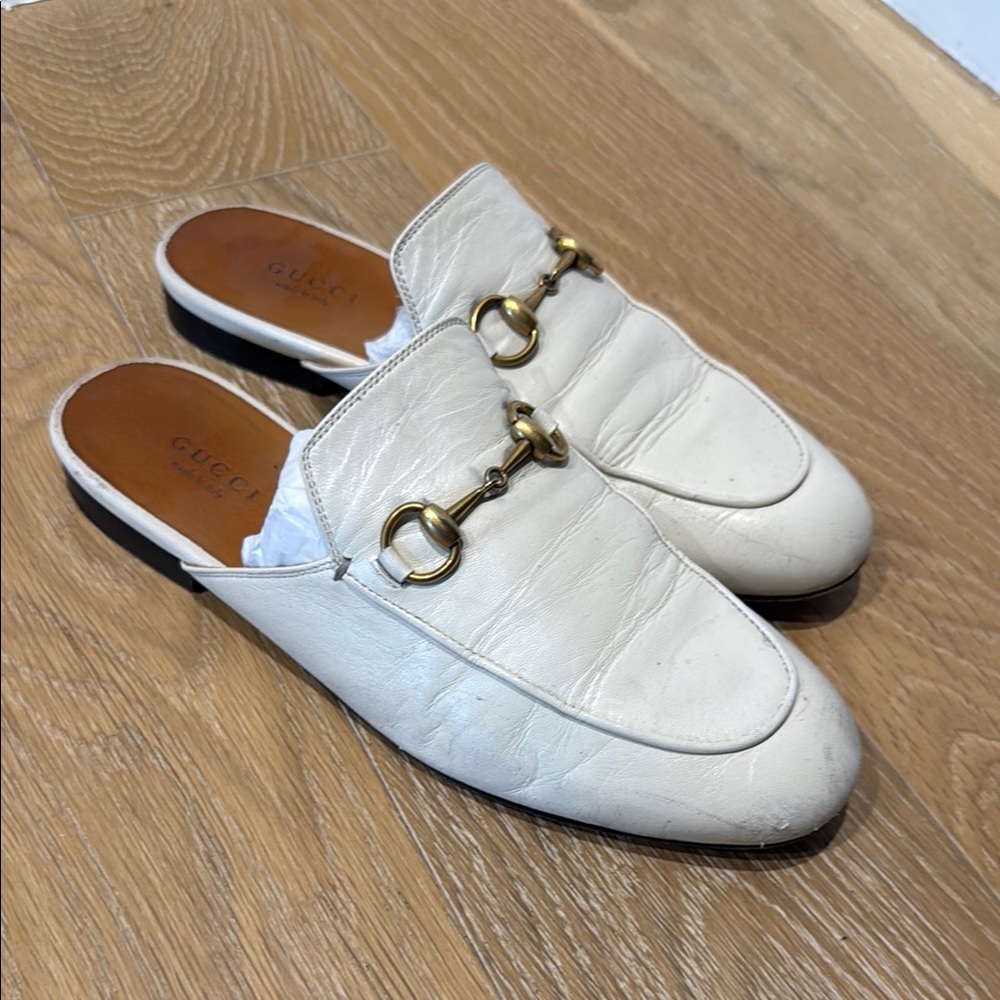 Gucci White Leather Mules with Gold Hardware